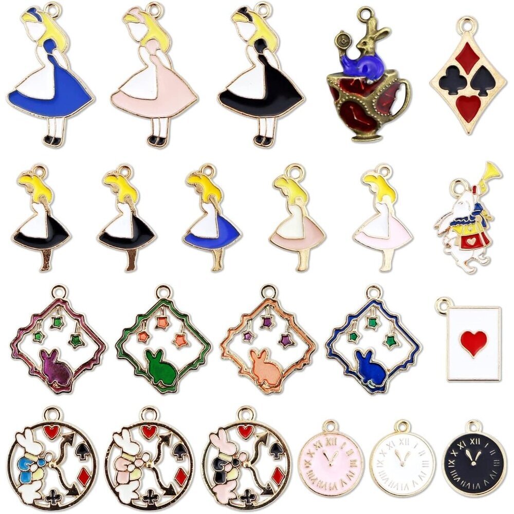 19PCS Assorted Gold Plated Enamel Alice in Wonderland Wreath Charm Pendant DIY f